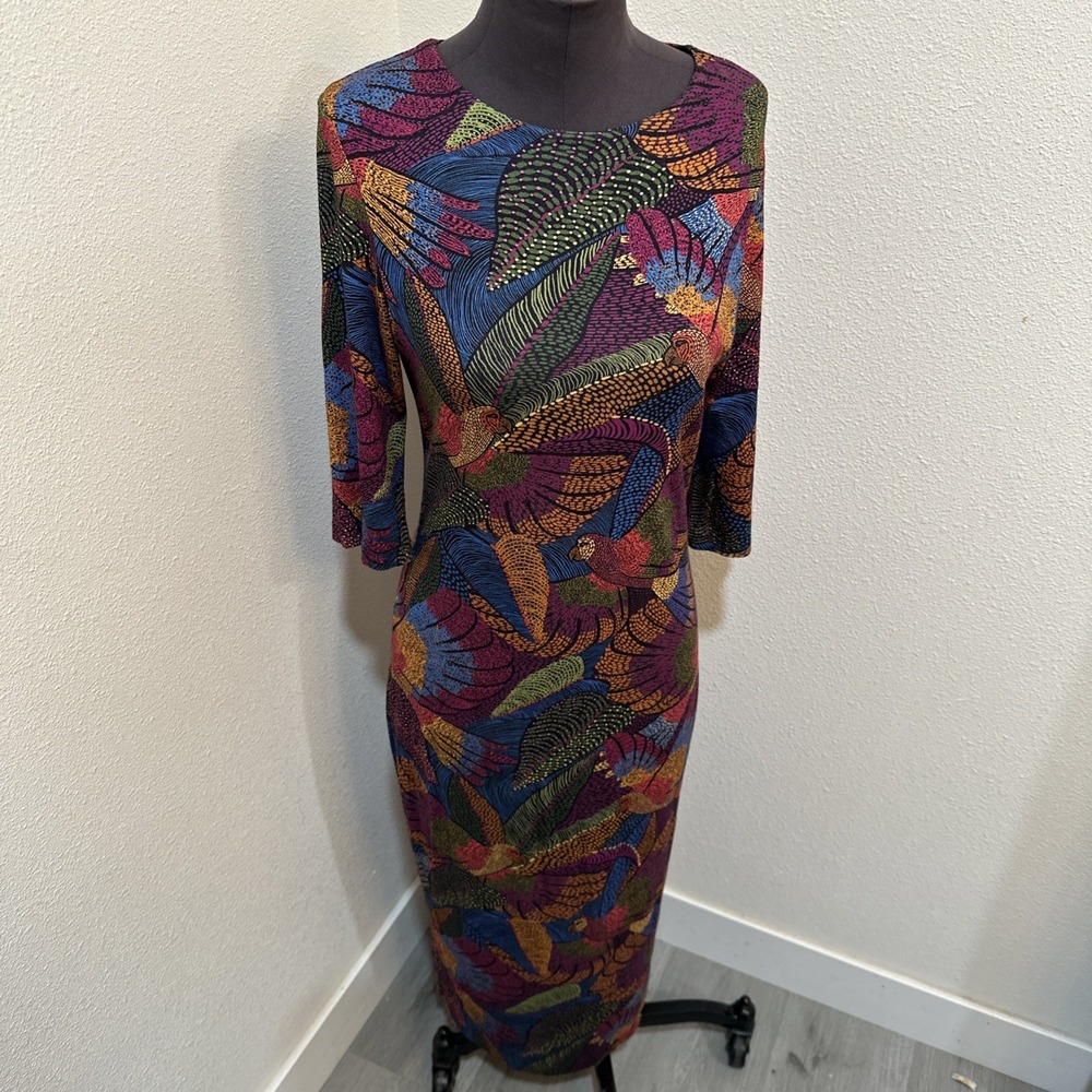 Farm Rio Women's Colorful Botanical Print 3/4 Sleeve Midi Dress Sz M - Picture 2 of 10